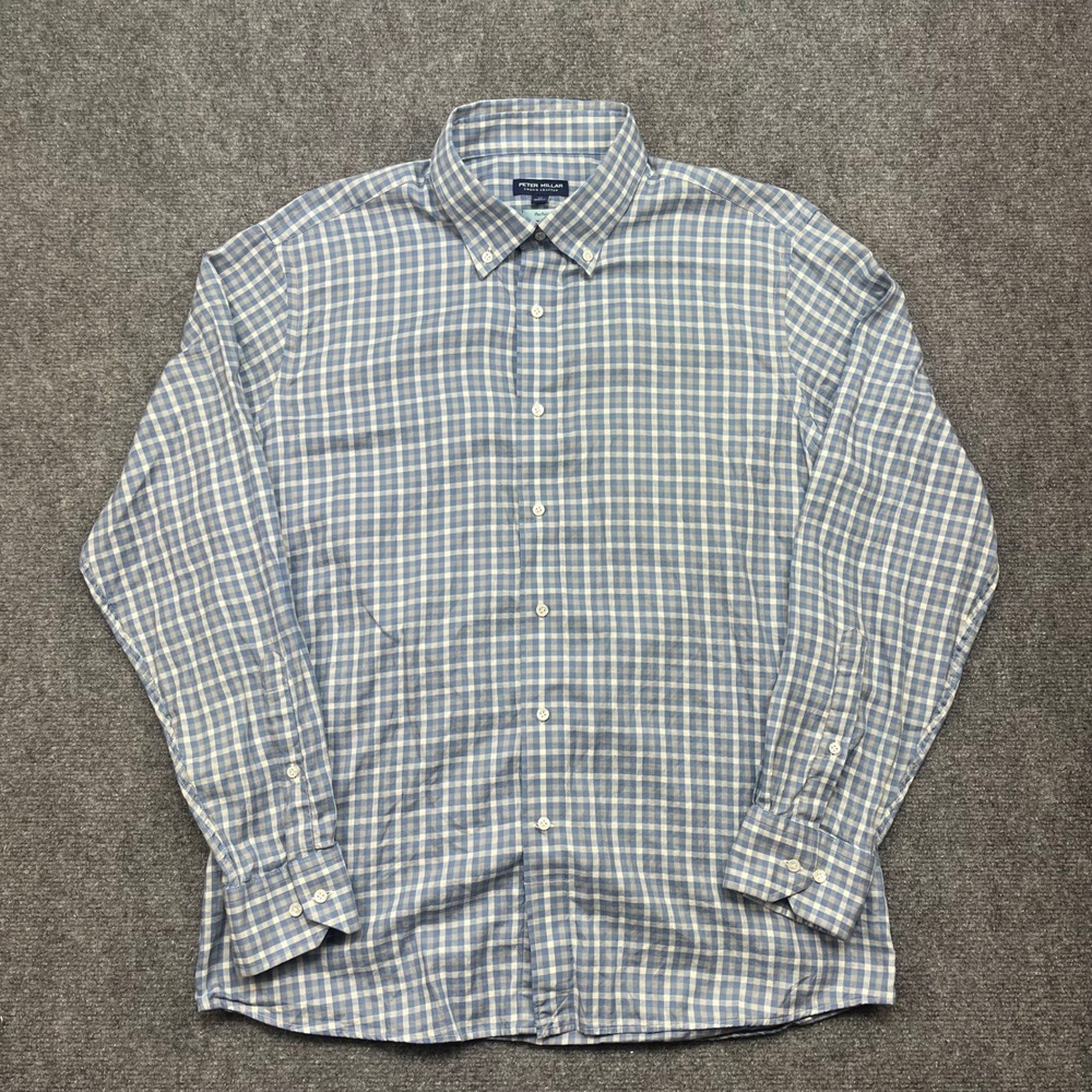 Peter Millar Crown Crafted Blue Gingham Check Flex Finish Cotton Shirt XL